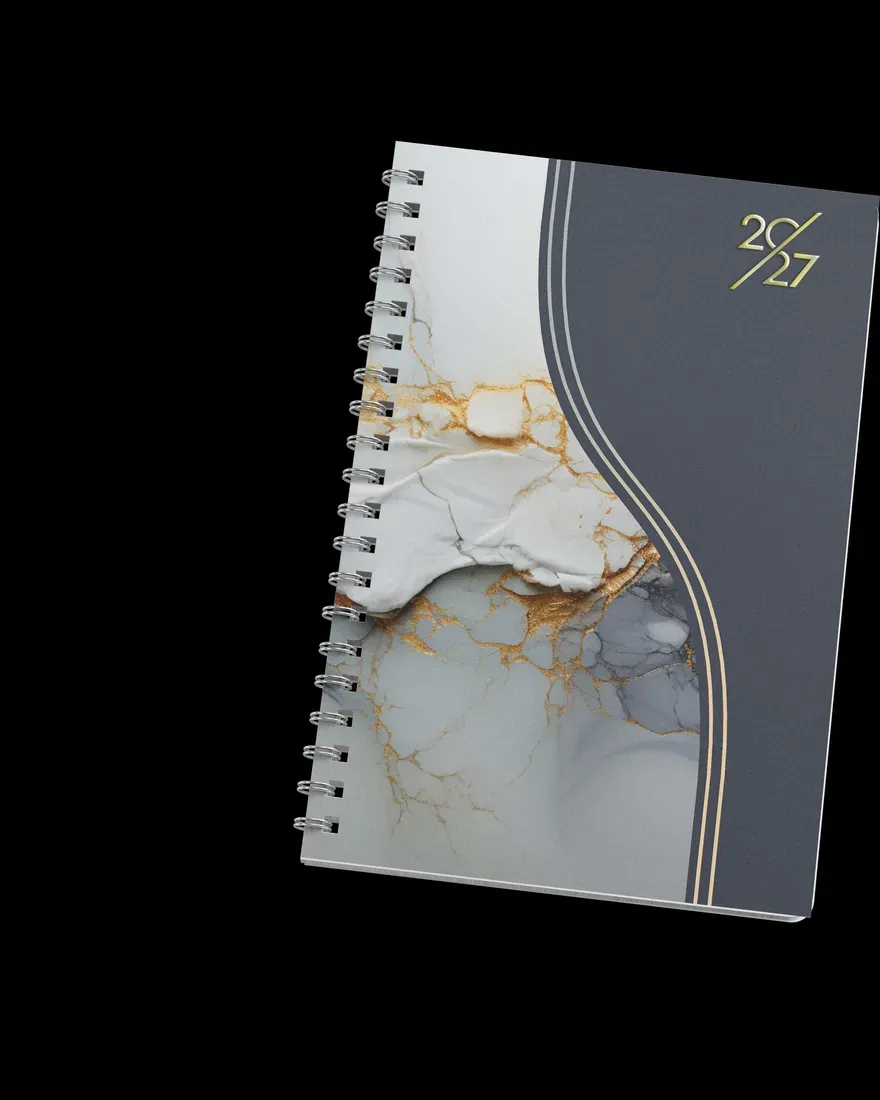 Planner com espiral e capa em mármore branco e dourado